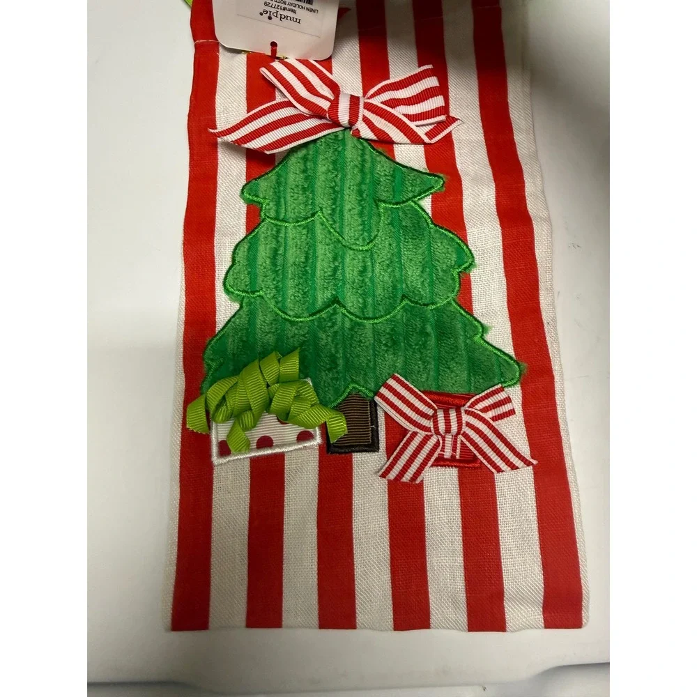 Mud Pie Christmas Tree Linen Wine Bottle Gift‎ Bag Red White Striped Holiday NEW